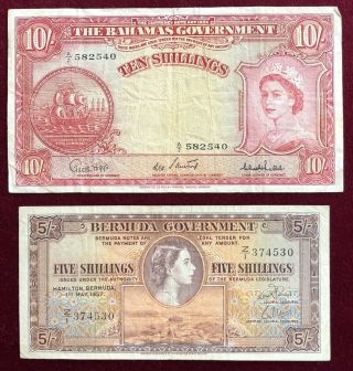 Bahamas,  Bermuda 5,  10 Shillings 1937,  1953 Fine,  To Very Fine