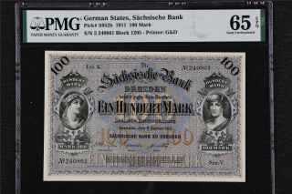 1911 Germany State Sachsische Bank 100 Mark Pick S952b Pmg 65epq Gem Unc