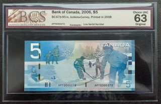 2008 Bank Of Canada $5 Low Serial Apt0000272 Bcs Ch.  Unc - 63 Bc - 67b