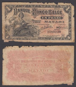 Belgian Congo 1 Franc 1920 (g - Vg) Banknote P - 3b
