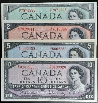 1954 Bank Of Canada Set Of 4 Notes $1,  $2,  $5 & $10 Dollars Modified Portrait