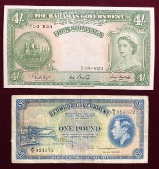 Bermuda,  Bahamas 4 Shillings,  1 Pound 1937,  1953 Fine,  To Very Fine,