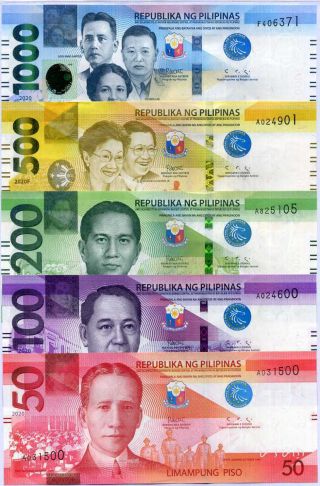 Philippines Set 5 Unc 50 100 200 500 1000 Pesos 2020 P 224 - 228 Nr