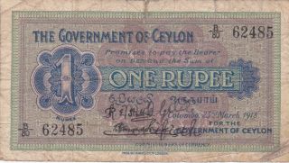 1 Rupee Vg Banknote From British Ceylon 1918 Pick - 16