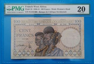 French West Africa ; 100 Francs 1936 - 41,  P - 23,  Pmg Vf 20,