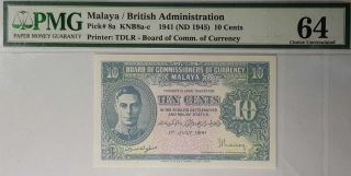 Pmg 64,  1941 Malaya / British Administration 10 Cents Banknote (, Free1 Note) 10683