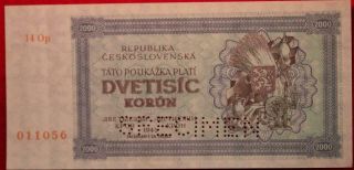 Uncirculated 1945 Czechoslovakia 2000 Korun Specimen Note