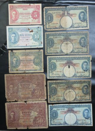 10 British Malaya 5,  10,  50 Cents & $1 / One Dollar Notes,  1941 King George Vi