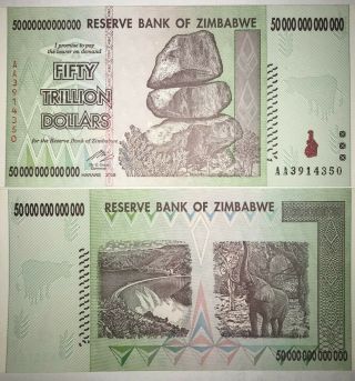 2 X 50 Trillion Zimbabwe Notes,  Aa / 2008 Series,  Lightly Circulated Currency.