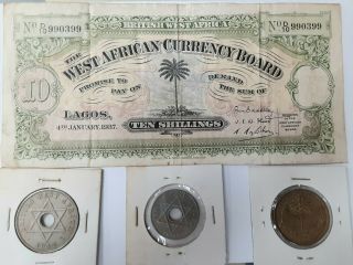 1937 British West Africa 10 Shillings Banknote And 3 Coins