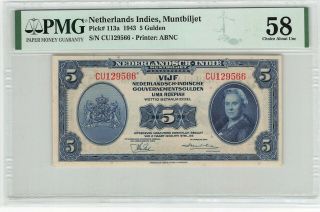Netherlands Indies 5 Gulden 1943 Indonesia Abnc Pick 113 Pmg Choice Au/unc 58