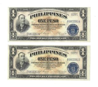 Philippines 1 Peso 1944,  P - 94 Victory Series,  2x Consecutive S/ns Unc -,  Mabini
