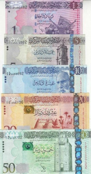 Libya 1 5 10 20 50 Dinar 2013 2015 P - 76 79 80 81 82 Unc Set