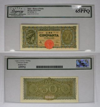 1944 Lcg Gem 65ppq Italy 50 Lire P - 74 Note Awesome Note