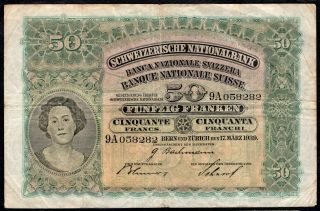 50 Francs From Switzerland 1939 Good/vg