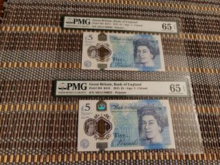 Great Britain Bank Of England 5 Pounds 2015,  P - 394 B414 Pmg 65 Epq Unc,  2x Notes