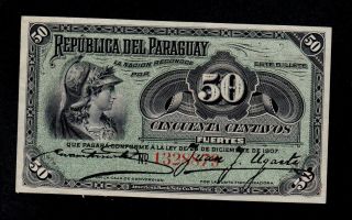 Paraguay 50 Centavos L.  1907 Sign.  Acosta - Ugarte 7 Digits Pick 115 Xf,