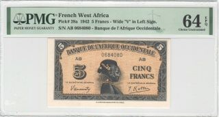 French West Africa 5 Francs 1942 P - 28a Pmg 64 Epq
