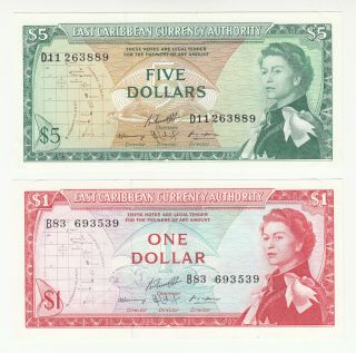 East Caribbean States 1,  5 Dollars 1965 Aunc - Qeii @