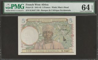 Pmg - 64 Epq Choice Unc French West Africa 6 - 5 - 42 5 Francs P - 25 Weaving,  Hand Loom