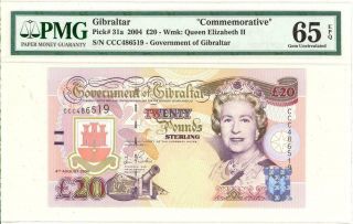 Gibralter 20 Pounds Currency Banknote 2004 Pmg 65 Gem Cu Epq