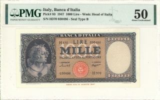 Italy 1000 Lire Currency Banknote 1947 Pmg 50 Au