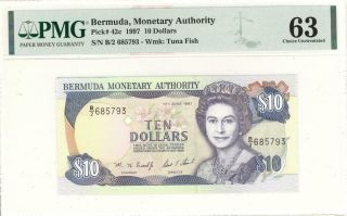 Bermuda $10 Dollars Currency Banknote 1997 Pmg 63 Choice Unc