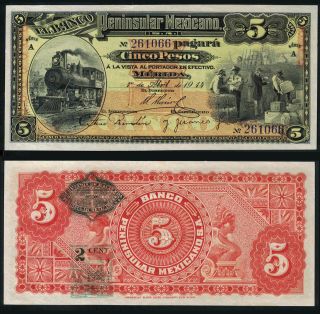 1423: M561a: Banco Peninsular Mexicano 5 Pesos - 1.  4.  1914 - Gem Unc