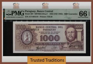 Tt Pk 207 1952 Paraguay Banco Central 1000 Guaranies Pmg 66 Epq Gem Uncirculated