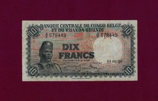 Belgian Congo 10 Francs 1958 P - 30 Vf Urundi Ruanda