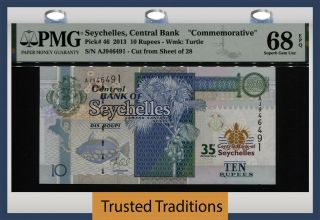 Tt Pk 46 2013 Seychelles Central Bank 10 Rupees Pmg 68 Epq Gem Unc