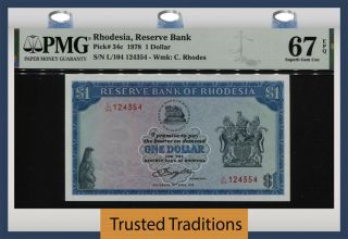 Tt Pk 34c 1978 Rhodesia 1 Dollar Striking Pmg 67 Epq Gem Unc