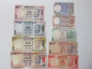 Indian Rupee Currency Paper Money Bank Note 1 - 2 - 5 - 10 - 20 - 50 - 100 - 500 - 1000 Set Of 9