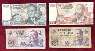 Austria 50,  500,  1000 Schilling 1962 - 85 Fine To Very Fine 4 Notes