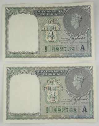 Two (2) British India 1940 (nd) 1 Rupee Pick 25d Crisp Xf Consecutive Numbers