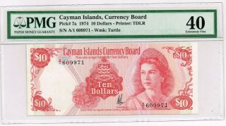 L.  1974 Cayman Islands 10 Dollars Note - P7a Pmg 40 Ef