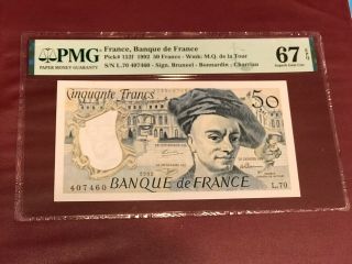 France French 50 Franc Bank Note 1992 Pmg 67 Gem Unc Epq Pick 152f De La Tour