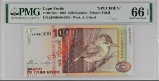 Cape Verde 1000 Escudos 1992 P 65 Specimen Gem Unc Pmg 66 Epq Top Pop