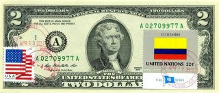 $2 Dollars 2013 Stamp Cancel Flag Un From Colombia Lucky Money Value $150