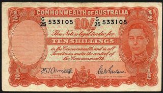 Nd (1942) Australia 10 Shillings - 10/ - Banknote G/25 533105 F,  P - 25b