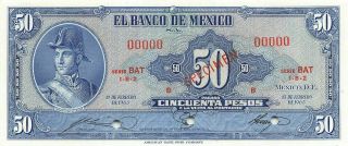 México 50 Pesos 17.  2.  1965 Series Bat Specimen Uncirculated Banknote Me50