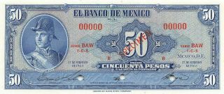 México 50 Pesos 17.  2.  1965 Series Baw Specimen Uncirculated Banknote Me50