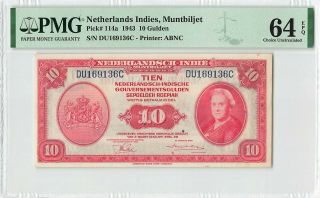 Netherlands Indies 10 Gulden 1943 Indonesia Abnc Pick 114 Pmg Choice Unc 64 Epq