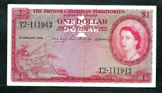 British Caribbean Territories (p7b) 1 Dollar 1956 Qeii Vf/vf,
