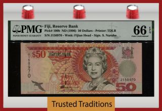 Tt Pk 100b Nd (1996) Fiji Reserve Bank 50 Dollars Queen Elizabeth Ii Pmg 66 Epq