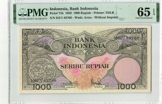 Indonesia 1000 Rupiah 1959 Tdlr Pick 71b Pmg Gem Uncirculated 65 Epq