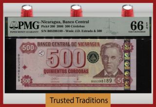 Tt Pk 200 2006 Nicaragua Banco Central 500 Cordobas Pmg 66 Epq Gem Uncirculated