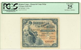 Belgian Congo 5 Francs Currency Banknote 1943 Pcgs 25 Vf