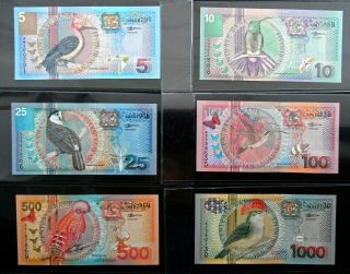 Suriname 5 10 25 100 500 1000 Gulden Set,  2000.  Unc