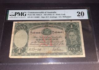 Pmg Commonwealth Of Australia 1 Pound Banknote 1942 P26b Vf20